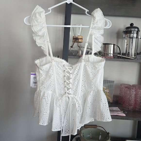 Astr Adorable White Eyelet Ruffle Strap Top Tie Up Back Zipper Boning NWT Med - Picture 2 of 12